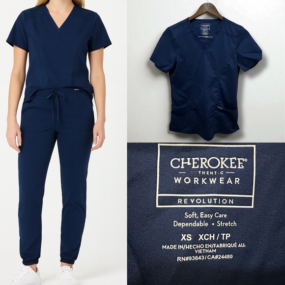 270 Cherokee | NWOT Workwear Revolution Navy V-Neck Scrub Top (size XS/S) - Picture 1 of 8